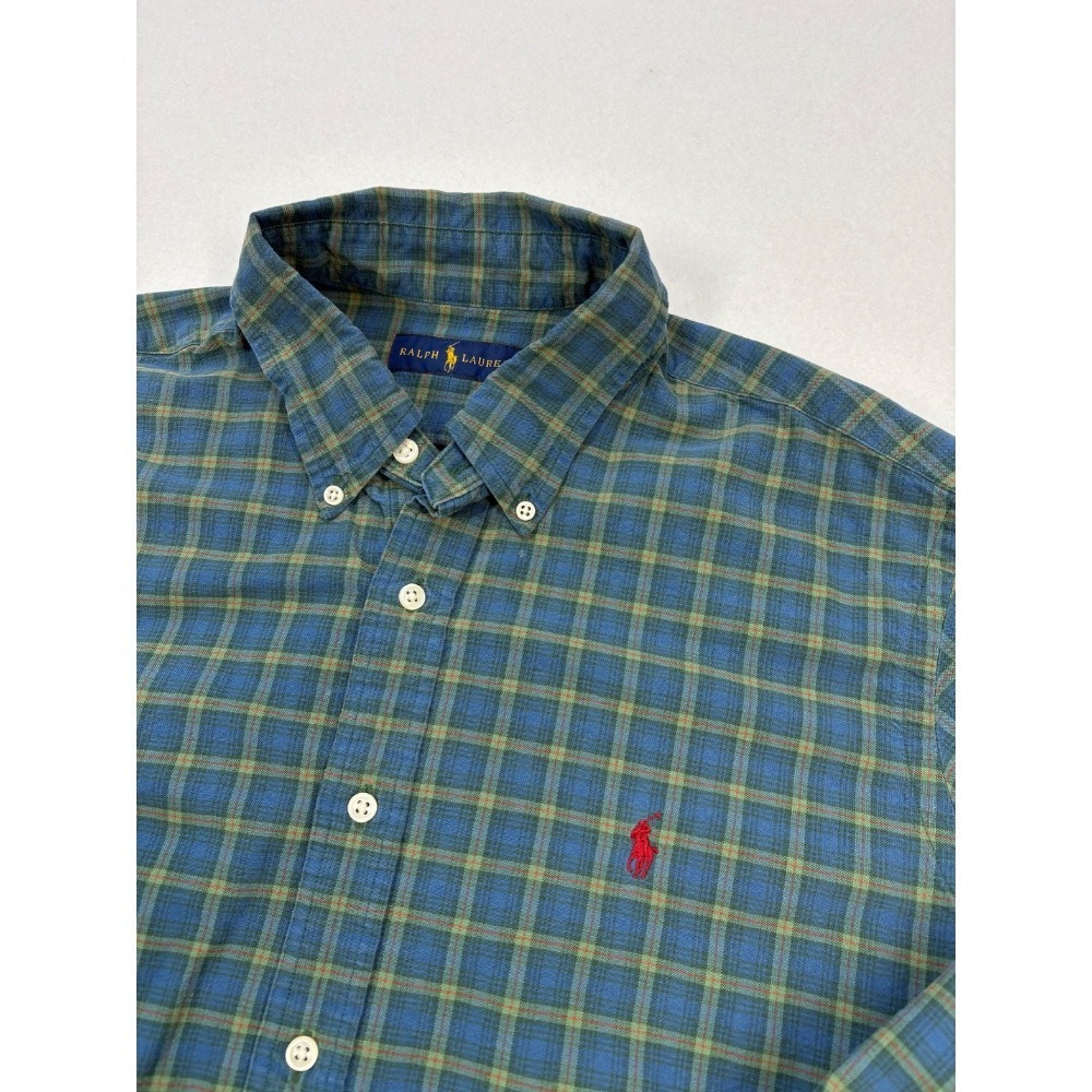 RALPH LAUREN Mens Button Up Shirt Blue Green Window‎ Pane Check Plaid Pony Sz XL